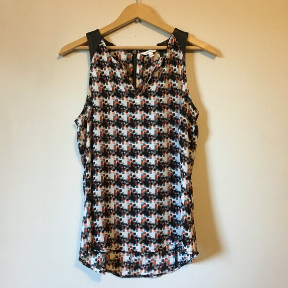 Two Tone Pixel & Faux Leather Shoulder Back Zipper Tank Top - Picture 1 of 13